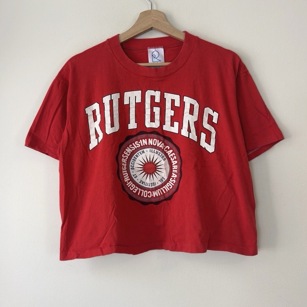 Vintage 90's Rutgers University Single Stitch Crop Red Tee Shirt - Medium